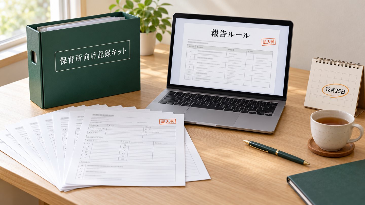 保育所向け記録キット：記入例つきのA4書式、パソコンのWordファイル、ファイルボックスを園の事務机に並べたところ