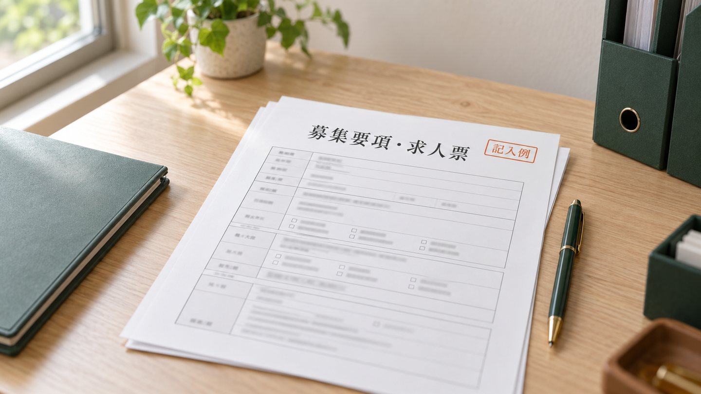 募集要項・求人票、誓約書・内定通知書、就業規則の記入例