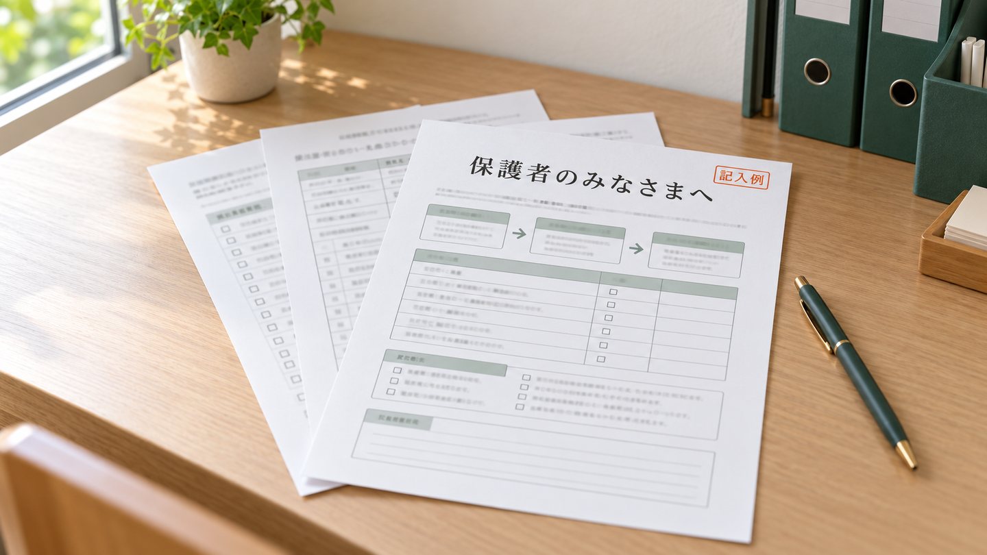 保護者向け周知資料と、児童向け3つの年齢版の記入例