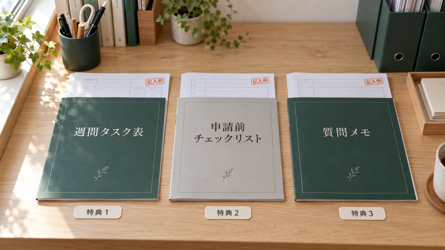 3つの特典：25日までの週間タスク表、こまもろう申請前チェックリスト、自治体・専門家への質問メモ